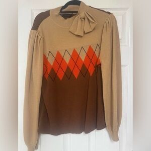 New York & Company Beige Brown Orange Argyle Bow Neck Sweater